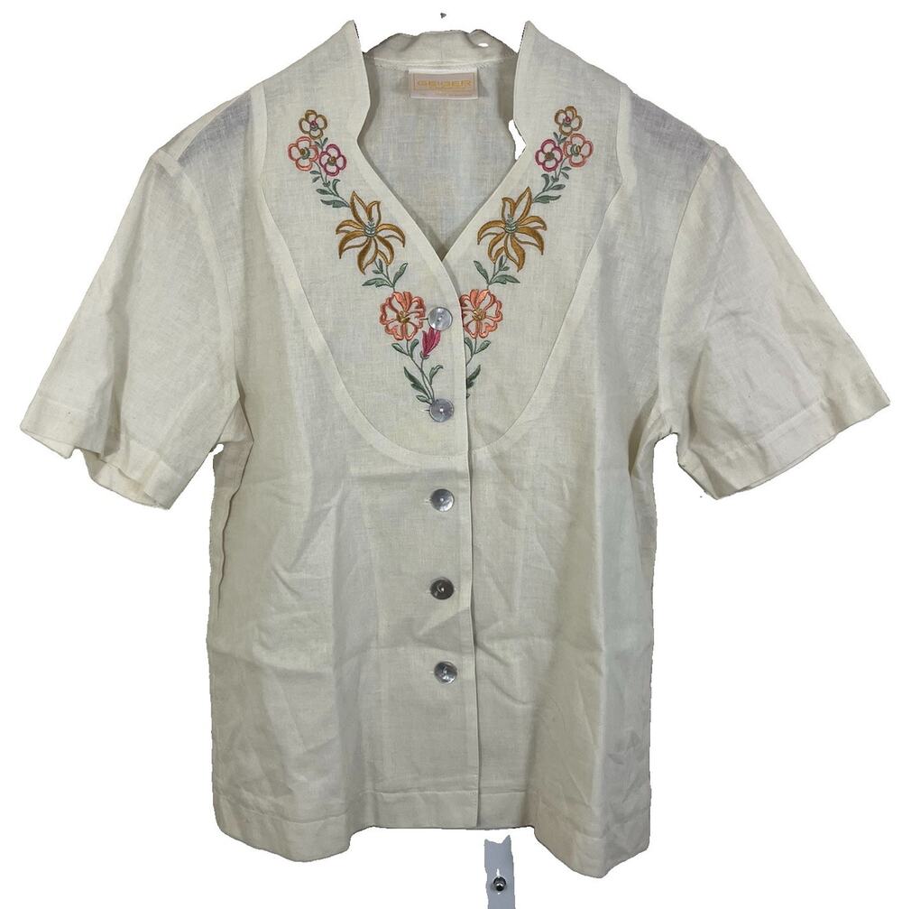 Geiger Collections Floral Embroidered Blouse Womens S Cotton Linen Austria
